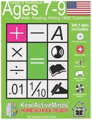 Grade 3, Ages 7-9 Math, Reading, Writing Practice Workbook - Vol1, 3000 Questions: American Content with Answer Keys, Timing and Scoring, Helpful Hint by Marek, Andrew