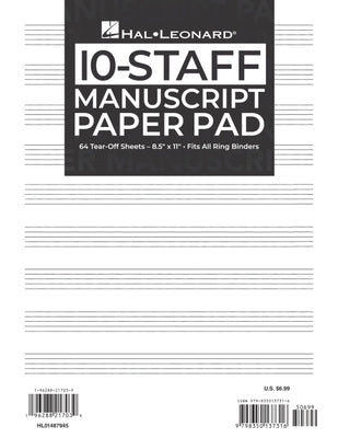 Hal Leonard Manuscript Paper 10-Staff Paper Pad - 64 Tear-Off Sheets, Fits All Ring Binders by 